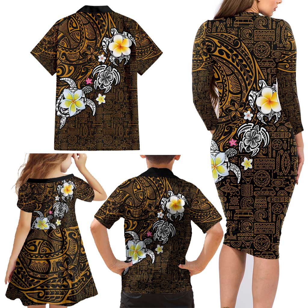 Hawaiian Turtle and Plumeria Family Matching Long Sleeve Bodycon Dress and Hawaiian Shirt Polynesian Tattoo and Tribal Elements Pattern Orange Color LT03 - Polynesian Pride