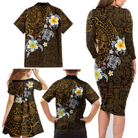 Hawaiian Turtle and Plumeria Family Matching Long Sleeve Bodycon Dress and Hawaiian Shirt Polynesian Tattoo and Tribal Elements Pattern Orange Color LT03 - Polynesian Pride