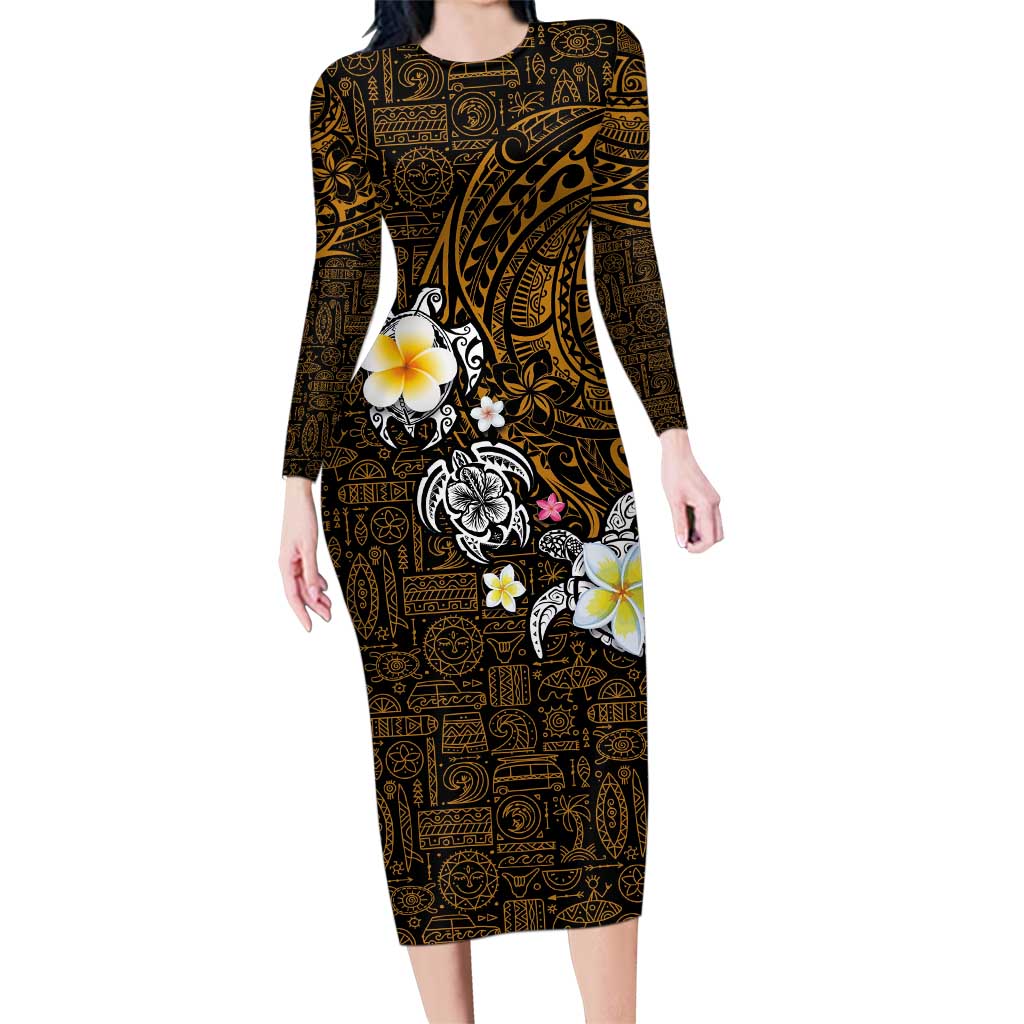 Hawaiian Turtle and Plumeria Family Matching Long Sleeve Bodycon Dress and Hawaiian Shirt Polynesian Tattoo and Tribal Elements Pattern Orange Color LT03 Mom's Dress Orange - Polynesian Pride