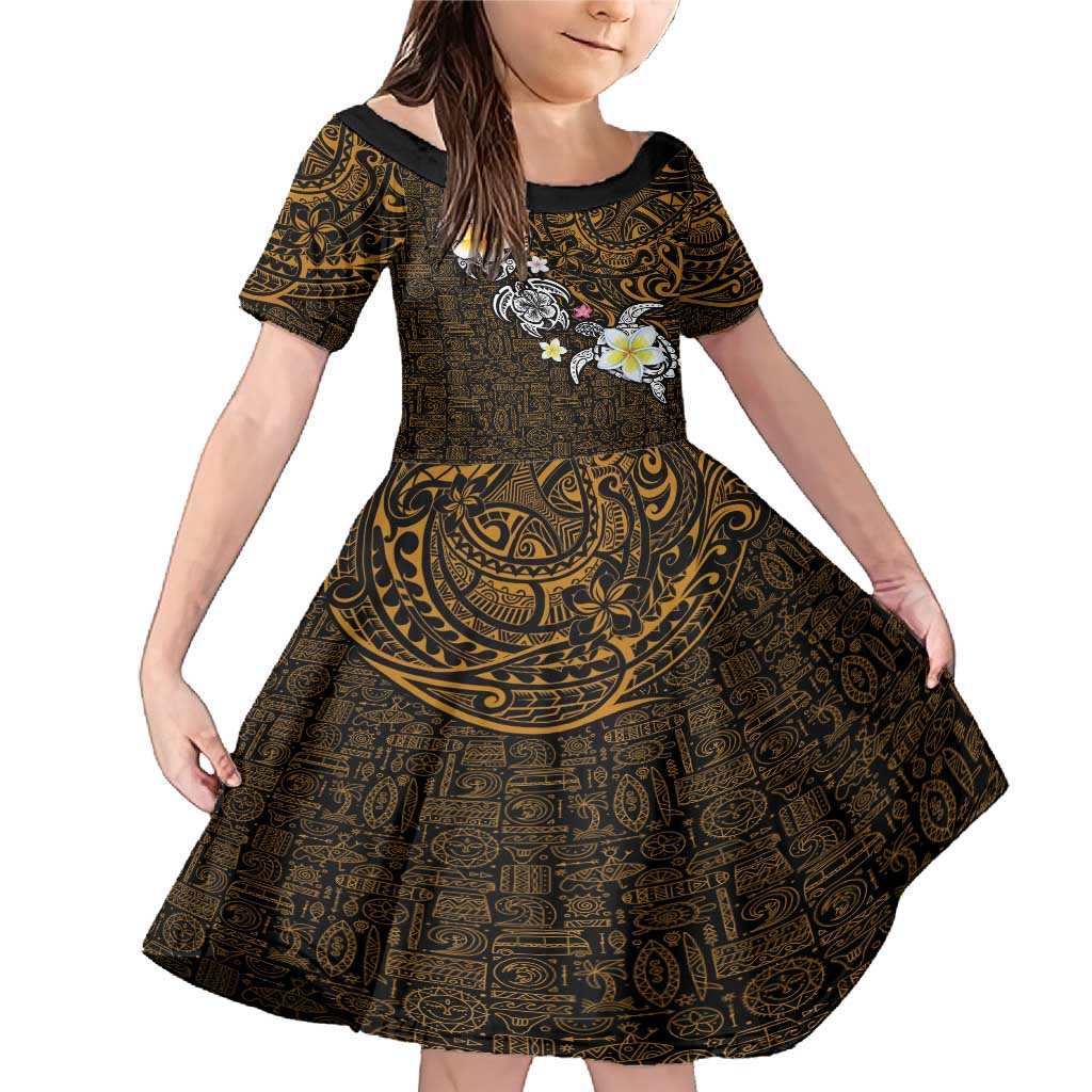 Hawaiian Turtle and Plumeria Family Matching Mermaid Dress and Hawaiian Shirt Polynesian Tattoo and Tribal Elements Pattern Orange Color LT03 Daughter's Dress Orange - Polynesian Pride