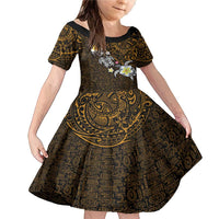 Hawaiian Turtle and Plumeria Family Matching Mermaid Dress and Hawaiian Shirt Polynesian Tattoo and Tribal Elements Pattern Orange Color LT03 Daughter's Dress Orange - Polynesian Pride