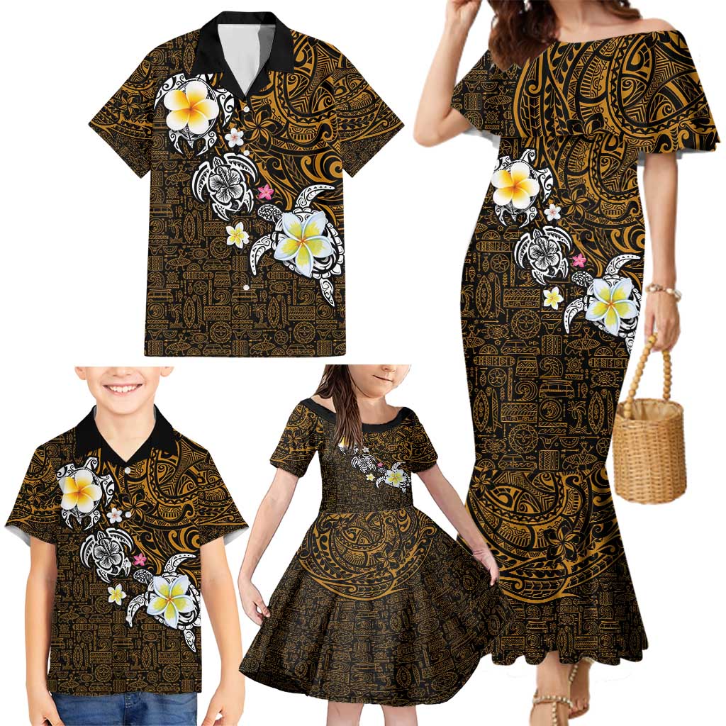 Hawaiian Turtle and Plumeria Family Matching Mermaid Dress and Hawaiian Shirt Polynesian Tattoo and Tribal Elements Pattern Orange Color LT03 - Polynesian Pride