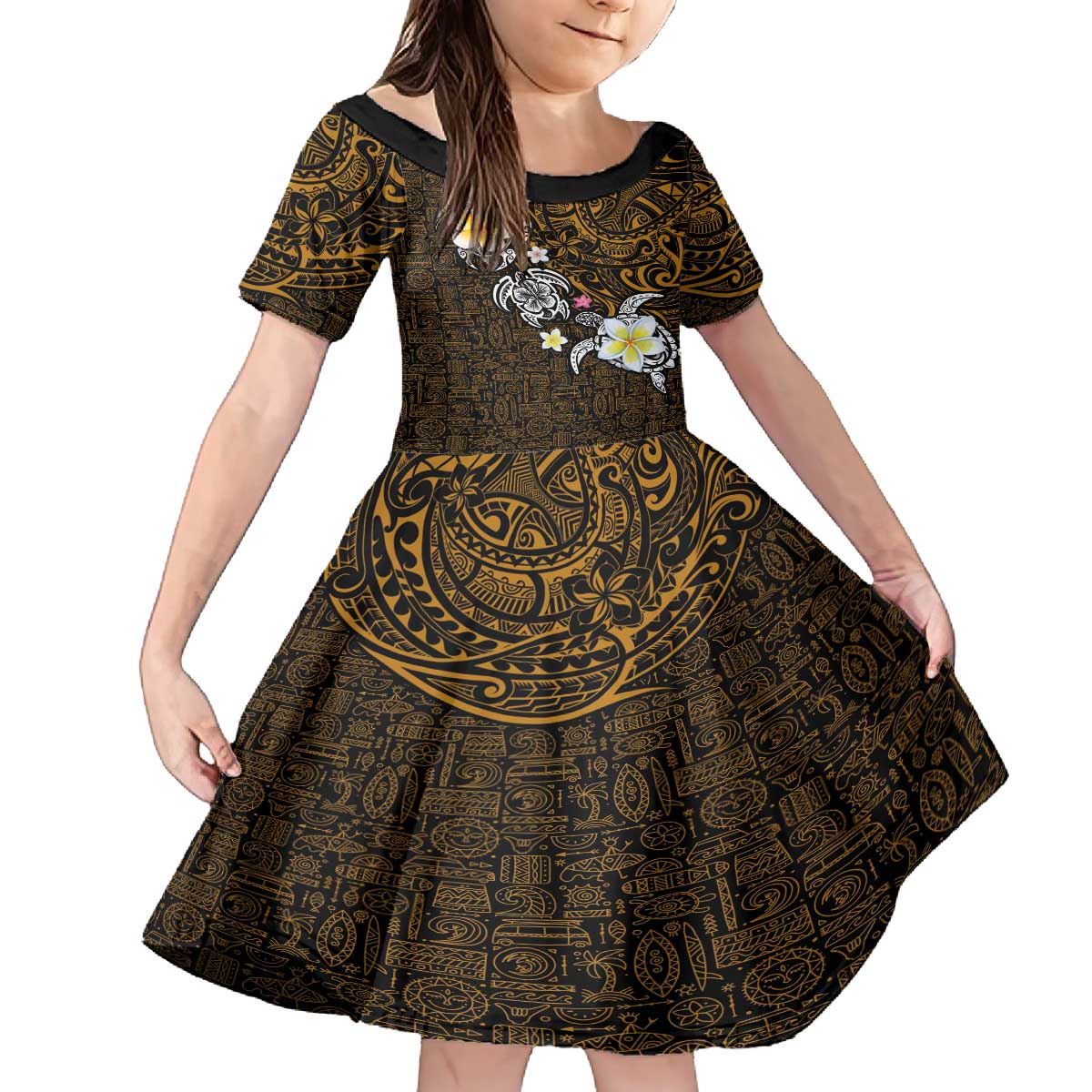 Hawaiian Turtle and Plumeria Family Matching Off The Shoulder Long Sleeve Dress and Hawaiian Shirt Polynesian Tattoo and Tribal Elements Pattern Orange Color LT03 Daughter's Dress Orange - Polynesian Pride