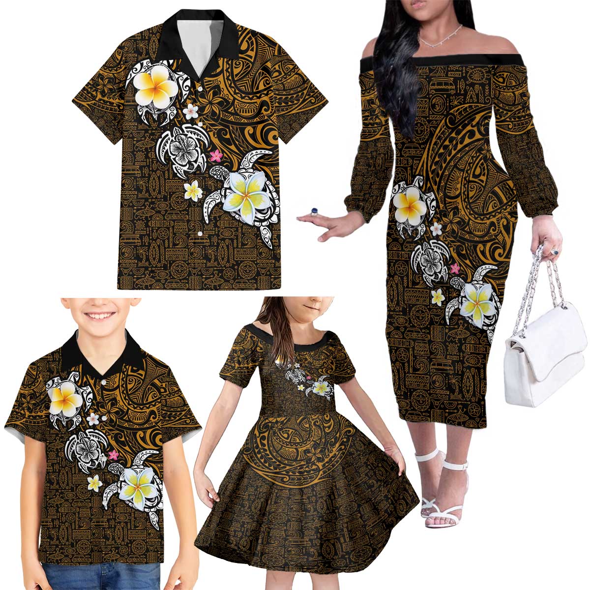 Hawaiian Turtle and Plumeria Family Matching Off The Shoulder Long Sleeve Dress and Hawaiian Shirt Polynesian Tattoo and Tribal Elements Pattern Orange Color LT03 - Polynesian Pride