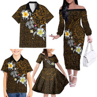 Hawaiian Turtle and Plumeria Family Matching Off The Shoulder Long Sleeve Dress and Hawaiian Shirt Polynesian Tattoo and Tribal Elements Pattern Orange Color LT03 - Polynesian Pride