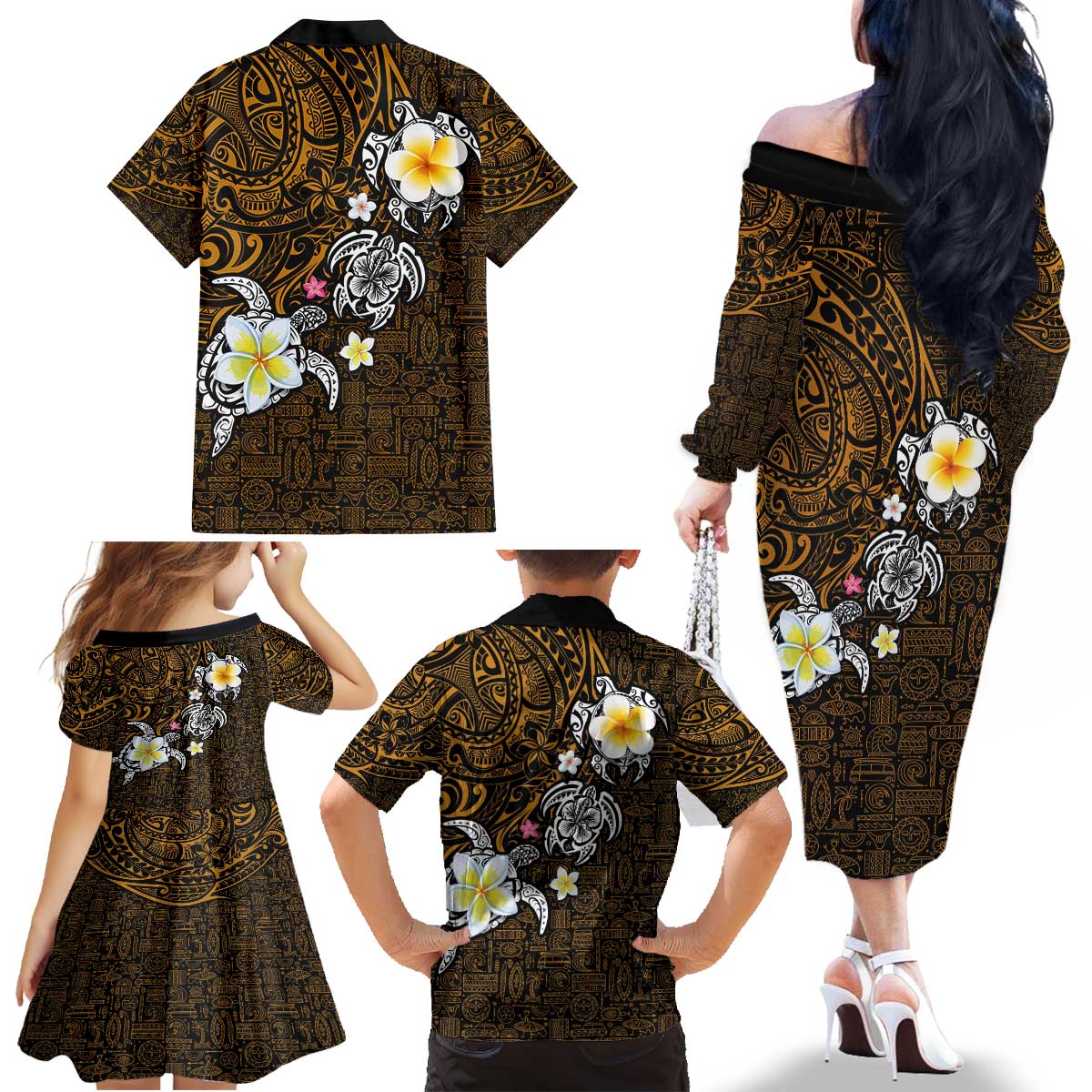 Hawaiian Turtle and Plumeria Family Matching Off The Shoulder Long Sleeve Dress and Hawaiian Shirt Polynesian Tattoo and Tribal Elements Pattern Orange Color LT03 - Polynesian Pride