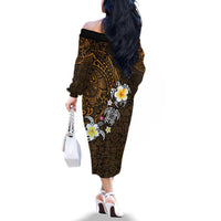 Hawaiian Turtle and Plumeria Family Matching Off The Shoulder Long Sleeve Dress and Hawaiian Shirt Polynesian Tattoo and Tribal Elements Pattern Orange Color LT03 - Polynesian Pride