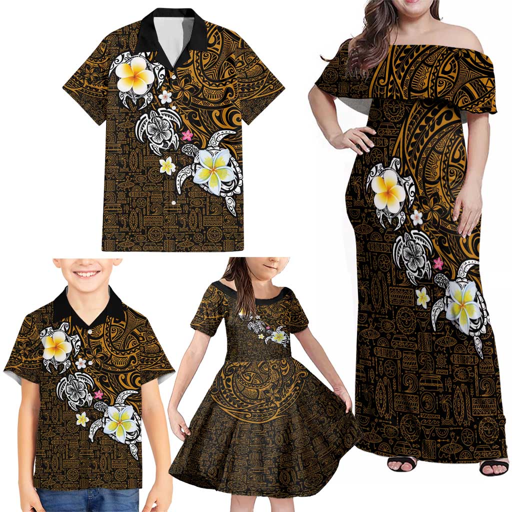 Hawaiian Turtle and Plumeria Family Matching Off Shoulder Maxi Dress and Hawaiian Shirt Polynesian Tattoo and Tribal Elements Pattern Orange Color LT03 - Polynesian Pride