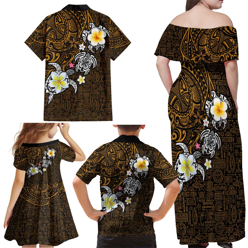 Hawaiian Turtle and Plumeria Family Matching Off Shoulder Maxi Dress and Hawaiian Shirt Polynesian Tattoo and Tribal Elements Pattern Orange Color LT03 - Polynesian Pride