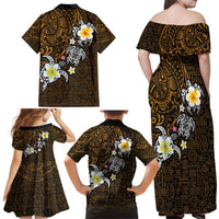 Hawaiian Turtle and Plumeria Family Matching Off Shoulder Maxi Dress and Hawaiian Shirt Polynesian Tattoo and Tribal Elements Pattern Orange Color LT03 - Polynesian Pride