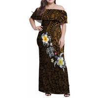 Hawaiian Turtle and Plumeria Family Matching Off Shoulder Maxi Dress and Hawaiian Shirt Polynesian Tattoo and Tribal Elements Pattern Orange Color LT03 Mom's Dress Orange - Polynesian Pride