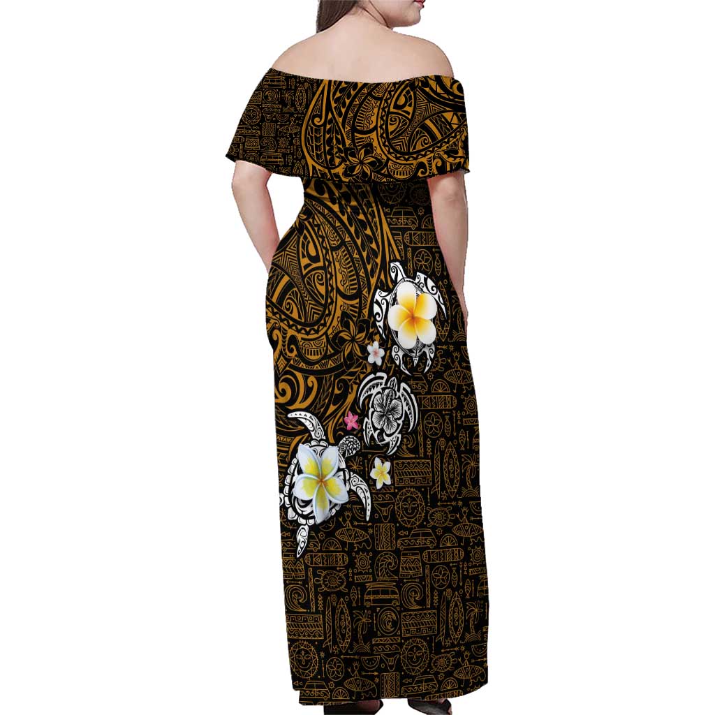 Hawaiian Turtle and Plumeria Family Matching Off Shoulder Maxi Dress and Hawaiian Shirt Polynesian Tattoo and Tribal Elements Pattern Orange Color LT03 - Polynesian Pride