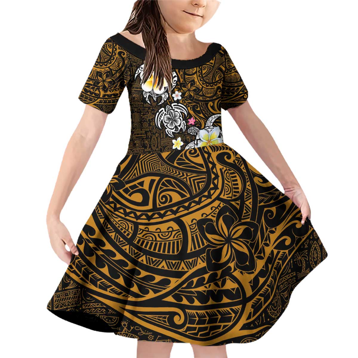 Hawaiian Turtle and Plumeria Family Matching Off Shoulder Short Dress and Hawaiian Shirt Polynesian Tattoo and Tribal Elements Pattern Orange Color LT03 Daughter's Dress Orange - Polynesian Pride
