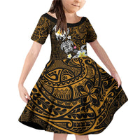 Hawaiian Turtle and Plumeria Family Matching Off Shoulder Short Dress and Hawaiian Shirt Polynesian Tattoo and Tribal Elements Pattern Orange Color LT03 Daughter's Dress Orange - Polynesian Pride