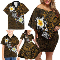 Hawaiian Turtle and Plumeria Family Matching Off Shoulder Short Dress and Hawaiian Shirt Polynesian Tattoo and Tribal Elements Pattern Orange Color LT03 - Polynesian Pride