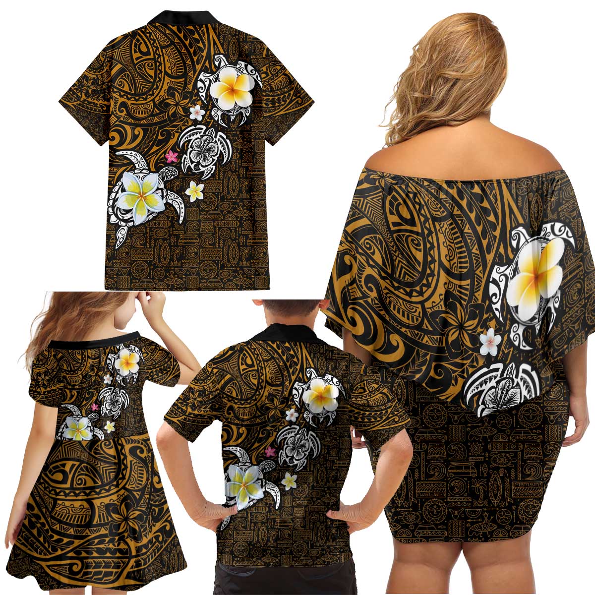Hawaiian Turtle and Plumeria Family Matching Off Shoulder Short Dress and Hawaiian Shirt Polynesian Tattoo and Tribal Elements Pattern Orange Color LT03 - Polynesian Pride