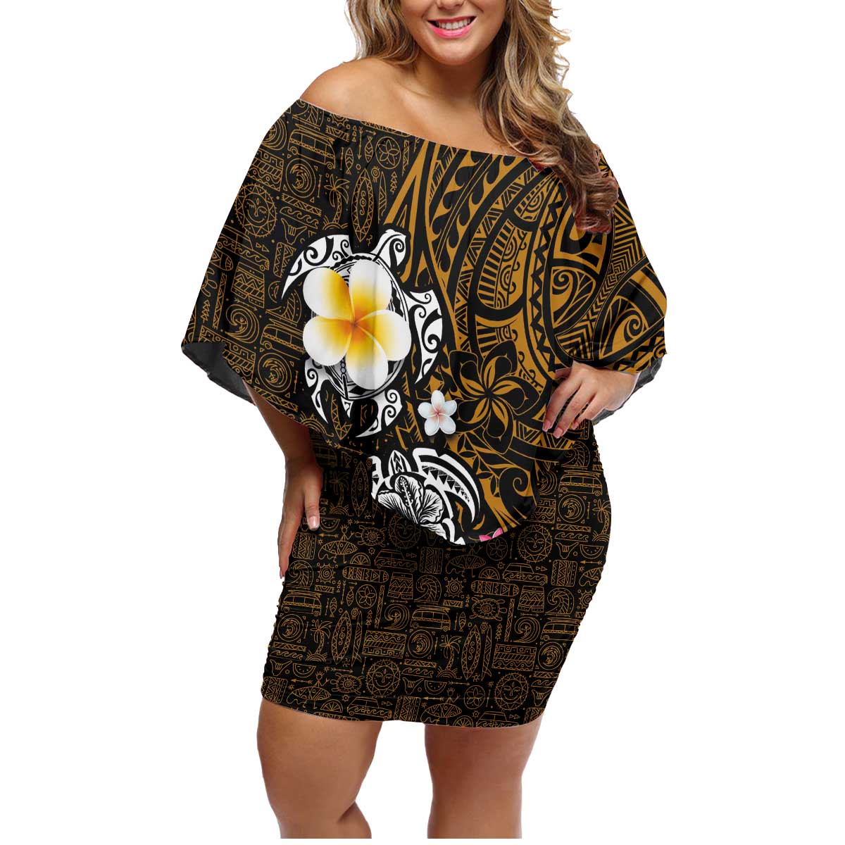 Hawaiian Turtle and Plumeria Family Matching Off Shoulder Short Dress and Hawaiian Shirt Polynesian Tattoo and Tribal Elements Pattern Orange Color LT03 Mom's Dress Orange - Polynesian Pride