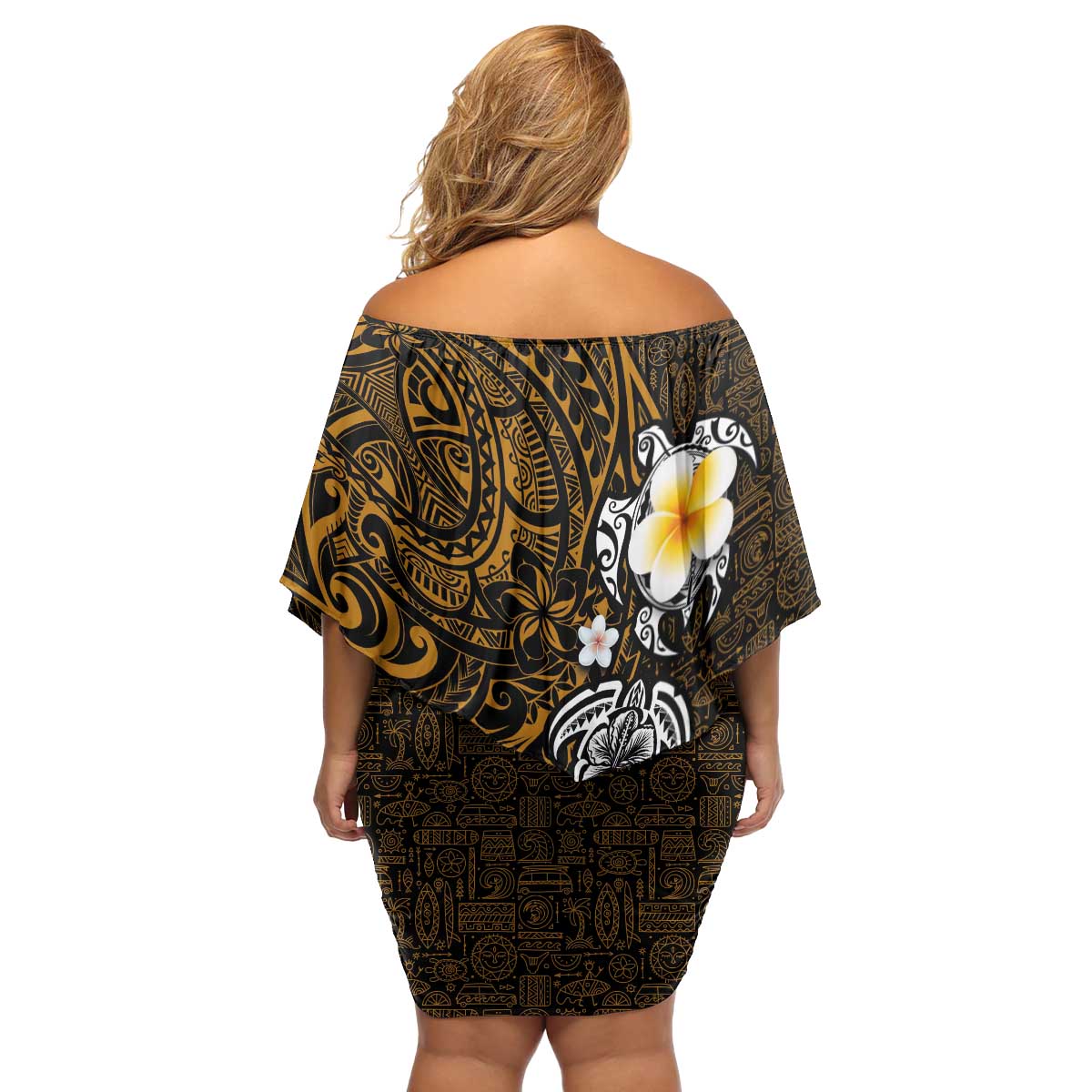 Hawaiian Turtle and Plumeria Family Matching Off Shoulder Short Dress and Hawaiian Shirt Polynesian Tattoo and Tribal Elements Pattern Orange Color LT03 - Polynesian Pride