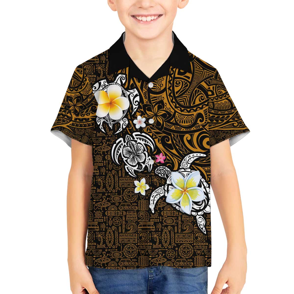 Hawaiian Turtle and Plumeria Family Matching Off Shoulder Short Dress and Hawaiian Shirt Polynesian Tattoo and Tribal Elements Pattern Orange Color LT03 Son's Shirt Orange - Polynesian Pride