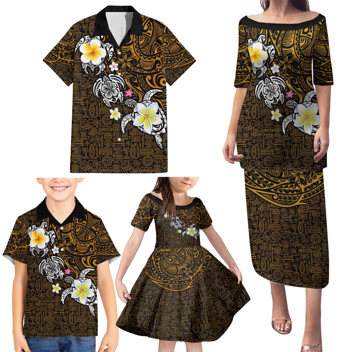 Hawaiian Turtle and Plumeria Family Matching Puletasi and Hawaiian Shirt Polynesian Tattoo and Tribal Elements Pattern Orange Color LT03 - Polynesian Pride