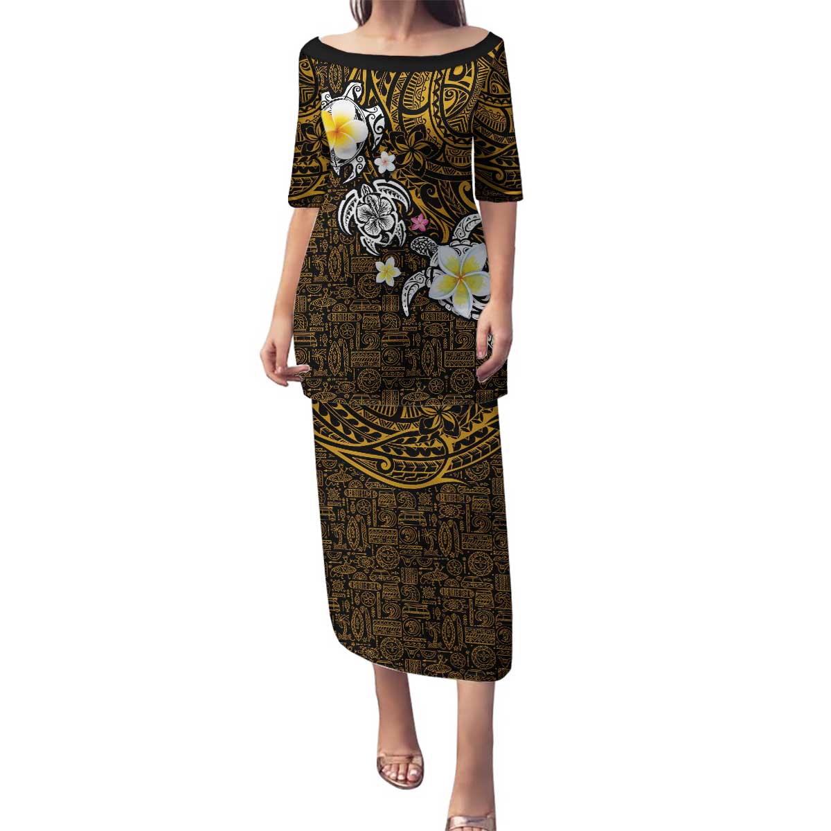Hawaiian Turtle and Plumeria Family Matching Puletasi and Hawaiian Shirt Polynesian Tattoo and Tribal Elements Pattern Orange Color LT03 Mom's Dress Orange - Polynesian Pride