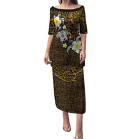 Hawaiian Turtle and Plumeria Family Matching Puletasi and Hawaiian Shirt Polynesian Tattoo and Tribal Elements Pattern Orange Color LT03 Mom's Dress Orange - Polynesian Pride