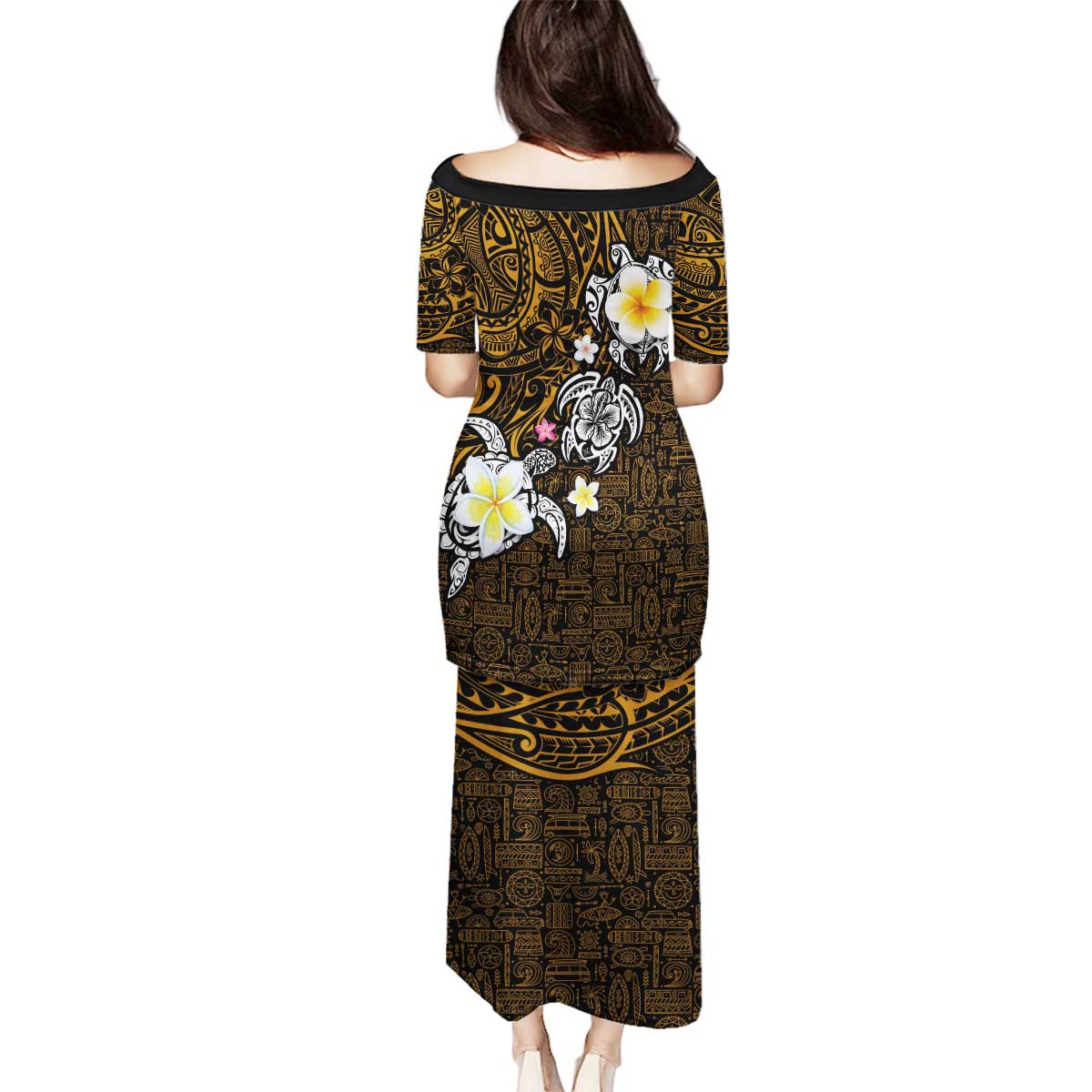 Hawaiian Turtle and Plumeria Family Matching Puletasi and Hawaiian Shirt Polynesian Tattoo and Tribal Elements Pattern Orange Color LT03 - Polynesian Pride