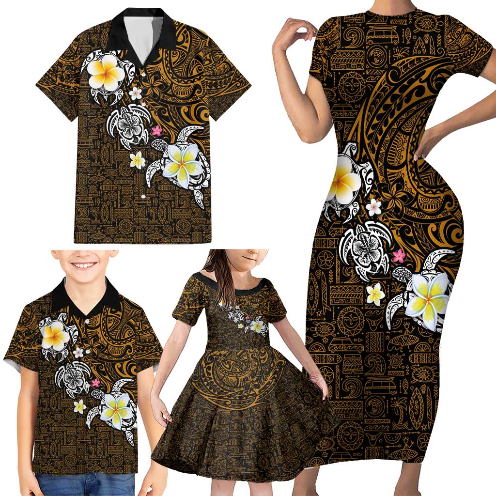 Hawaiian Turtle and Plumeria Family Matching Short Sleeve Bodycon Dress and Hawaiian Shirt Polynesian Tattoo and Tribal Elements Pattern Orange Color LT03 - Polynesian Pride