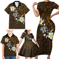 Hawaiian Turtle and Plumeria Family Matching Short Sleeve Bodycon Dress and Hawaiian Shirt Polynesian Tattoo and Tribal Elements Pattern Orange Color LT03 - Polynesian Pride