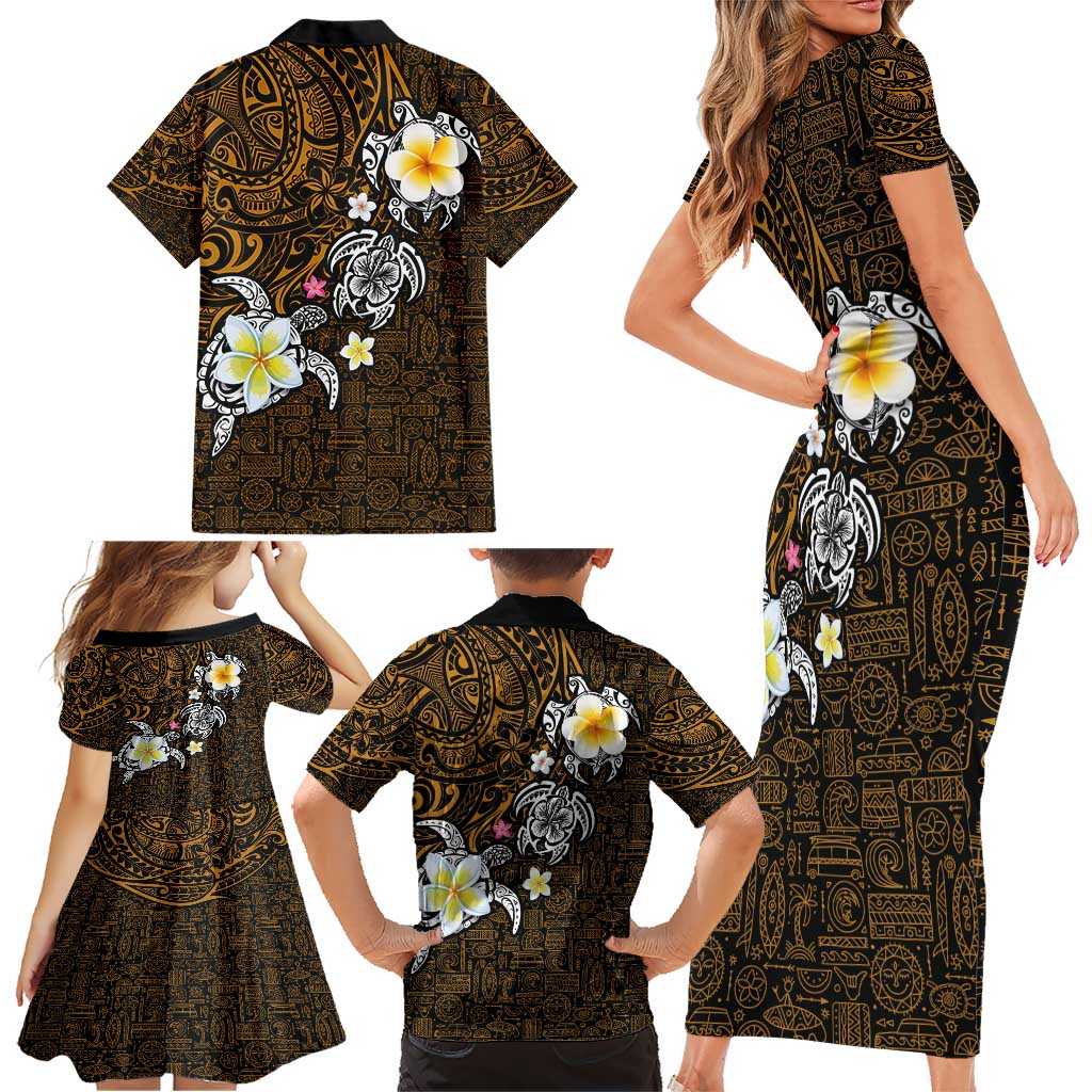 Hawaiian Turtle and Plumeria Family Matching Short Sleeve Bodycon Dress and Hawaiian Shirt Polynesian Tattoo and Tribal Elements Pattern Orange Color LT03 - Polynesian Pride