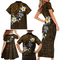 Hawaiian Turtle and Plumeria Family Matching Short Sleeve Bodycon Dress and Hawaiian Shirt Polynesian Tattoo and Tribal Elements Pattern Orange Color LT03 - Polynesian Pride