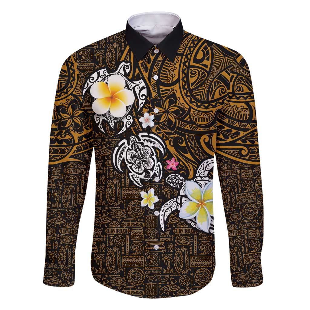 Hawaiian Turtle and Plumeria Family Matching Short Sleeve Bodycon Dress and Hawaiian Shirt Polynesian Tattoo and Tribal Elements Pattern Orange Color LT03 Dad's Shirt - Long Sleeve Orange - Polynesian Pride