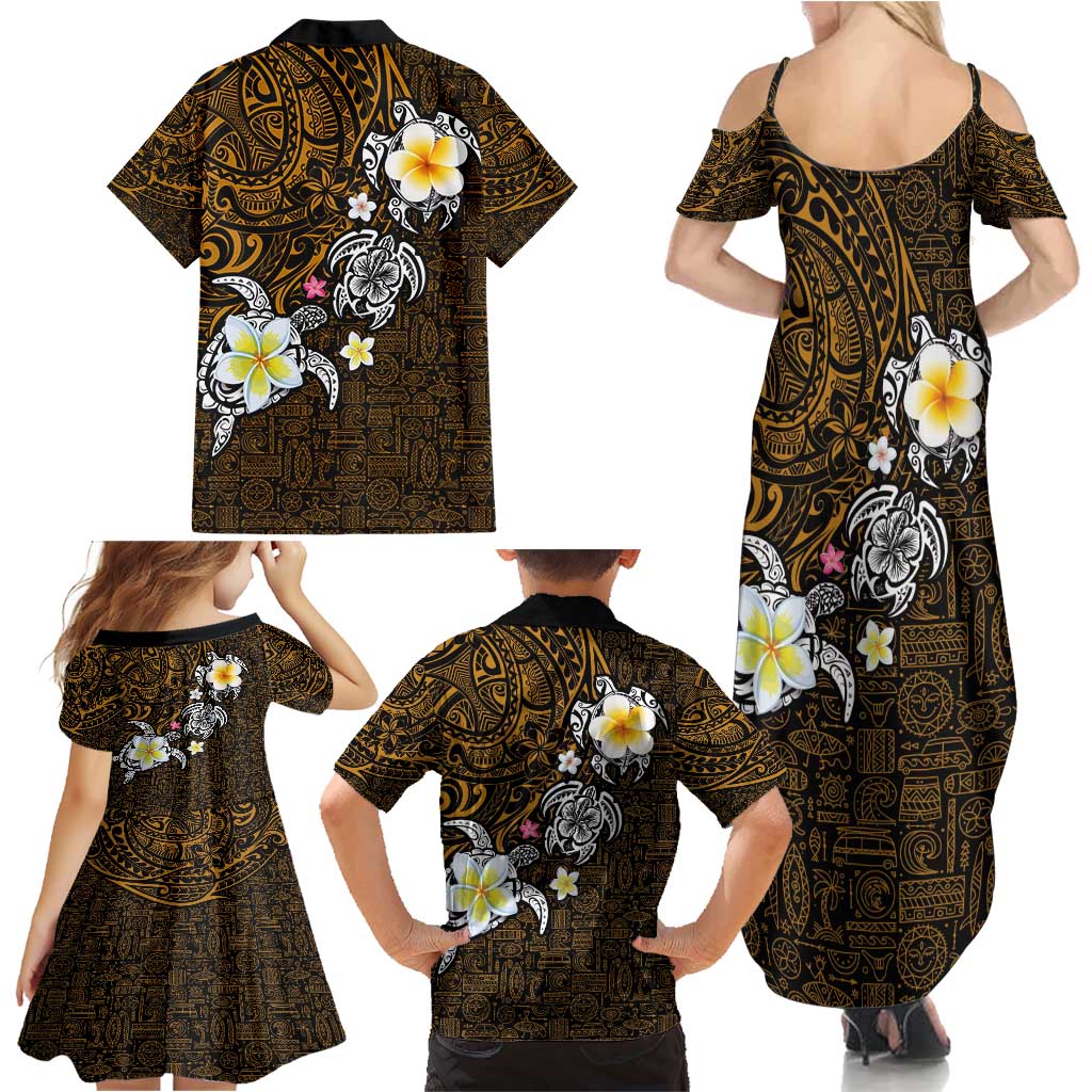 Hawaiian Turtle and Plumeria Family Matching Summer Maxi Dress and Hawaiian Shirt Polynesian Tattoo and Tribal Elements Pattern Orange Color LT03 - Polynesian Pride