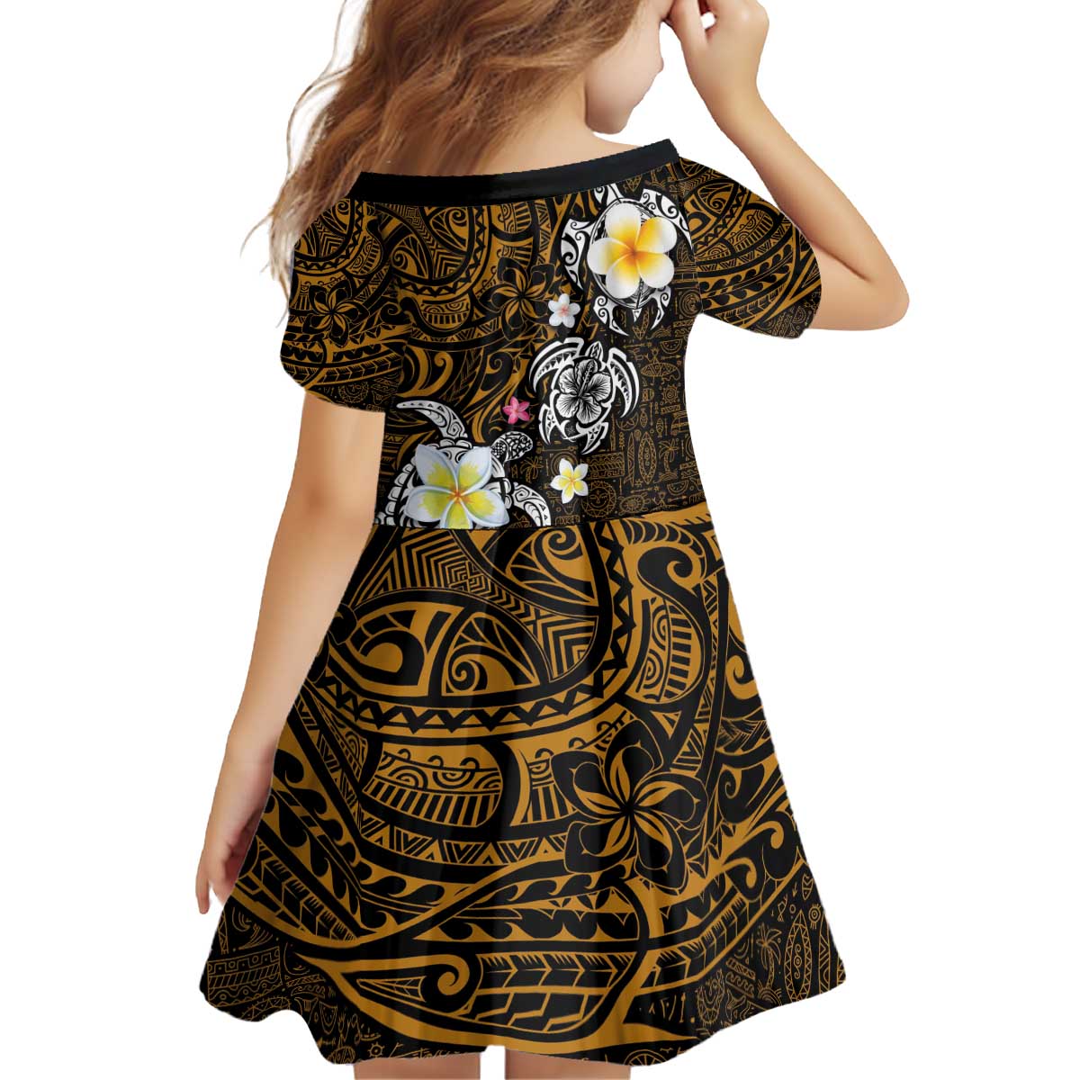 Hawaiian Turtle and Plumeria Kid Short Sleeve Dress Polynesian Tattoo and Tribal Elements Pattern Orange Color
