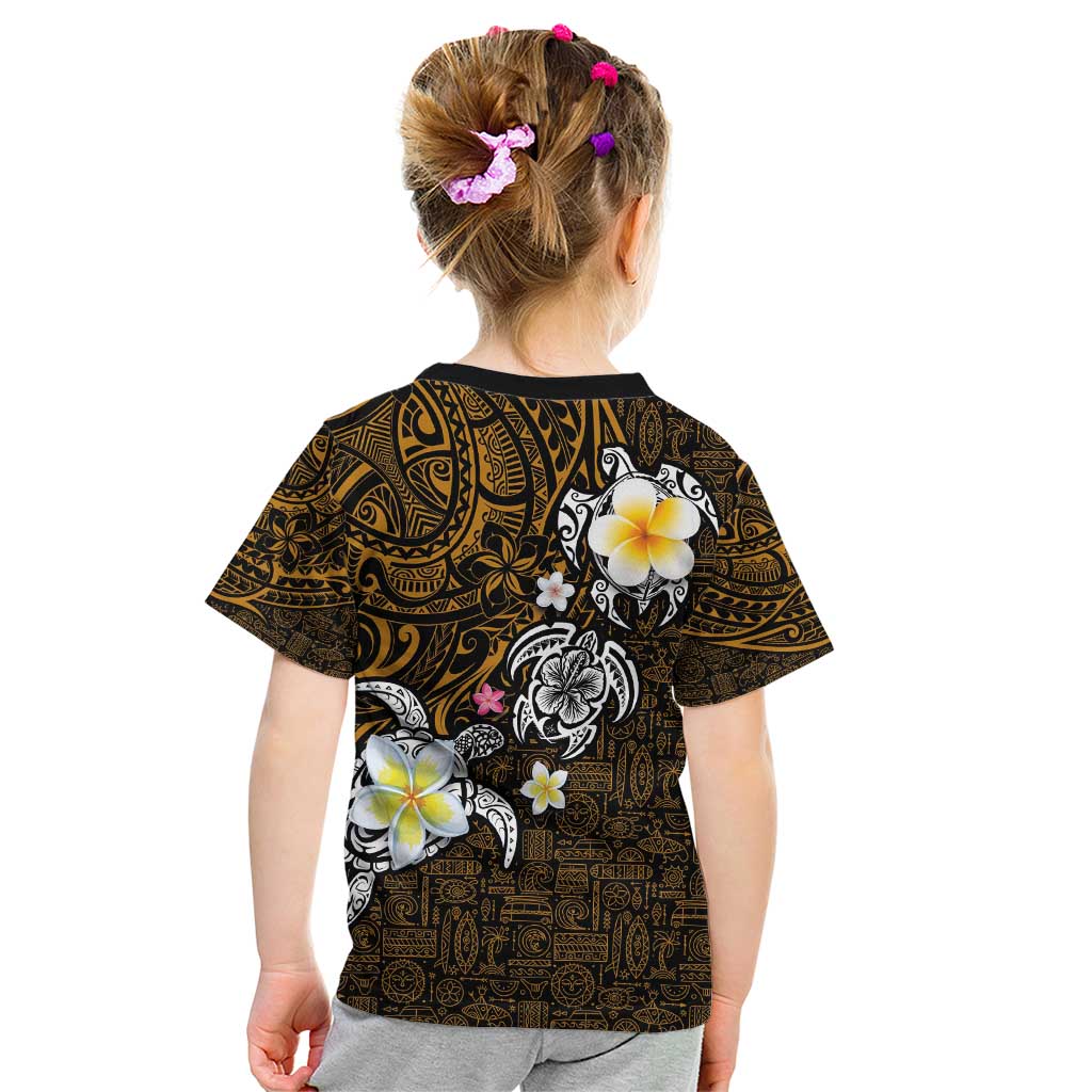 Hawaiian Turtle and Plumeria Kid T Shirt Polynesian Tattoo and Tribal Elements Pattern Orange Color