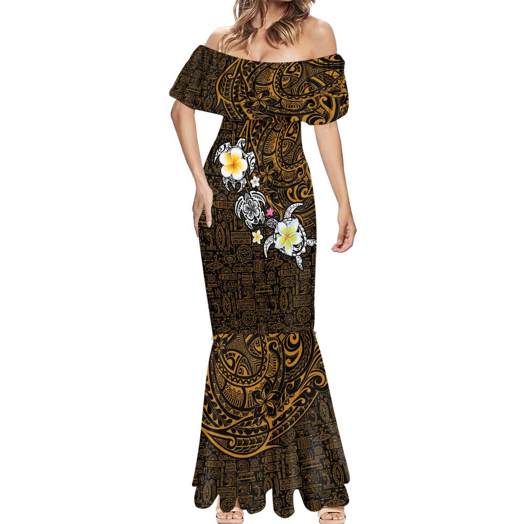 Hawaiian Turtle and Plumeria Mermaid Dress Polynesian Tattoo and Tribal Elements Pattern Orange Color