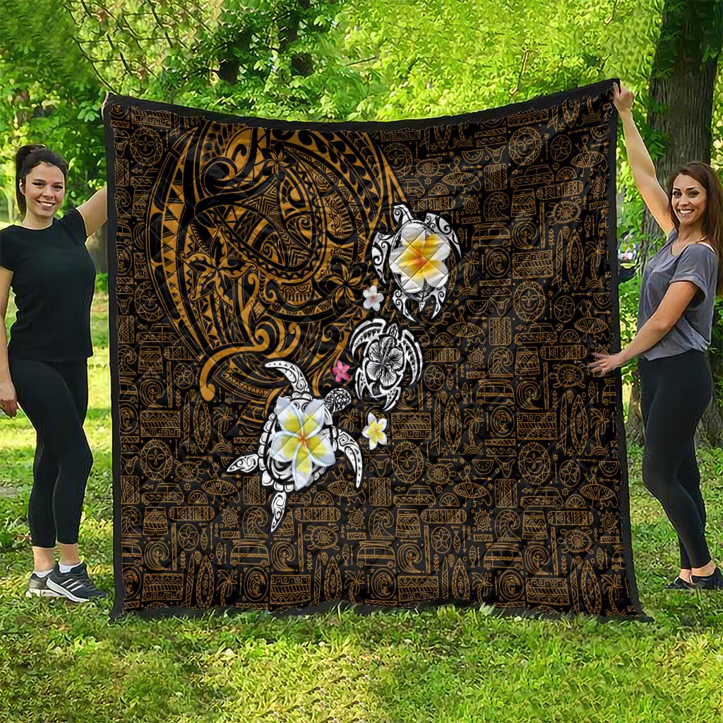 Hawaiian Turtle and Plumeria Quilt Polynesian Tattoo and Tribal Elements Pattern Orange Color