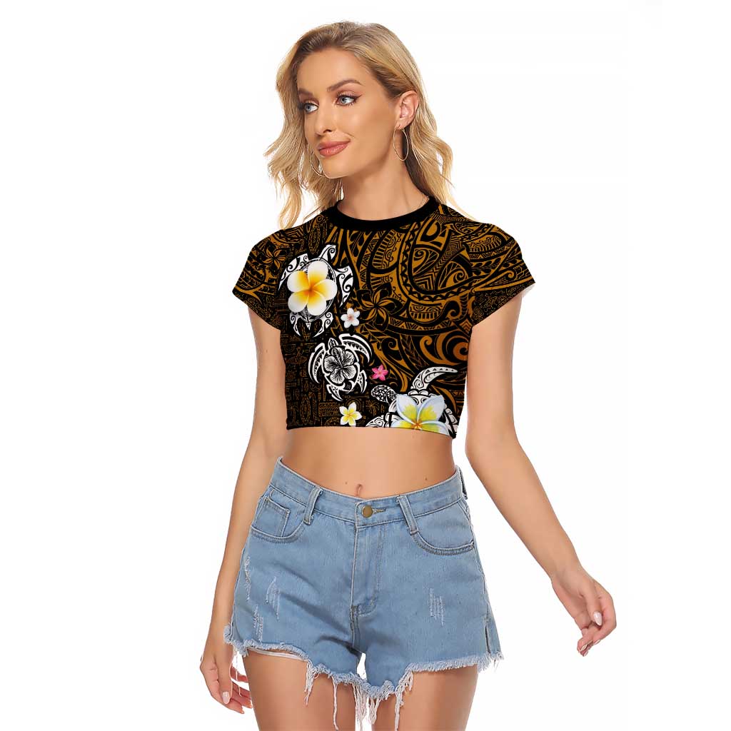 Hawaiian Turtle and Plumeria Raglan Cropped T Shirt Polynesian Tattoo and Tribal Elements Pattern Orange Color