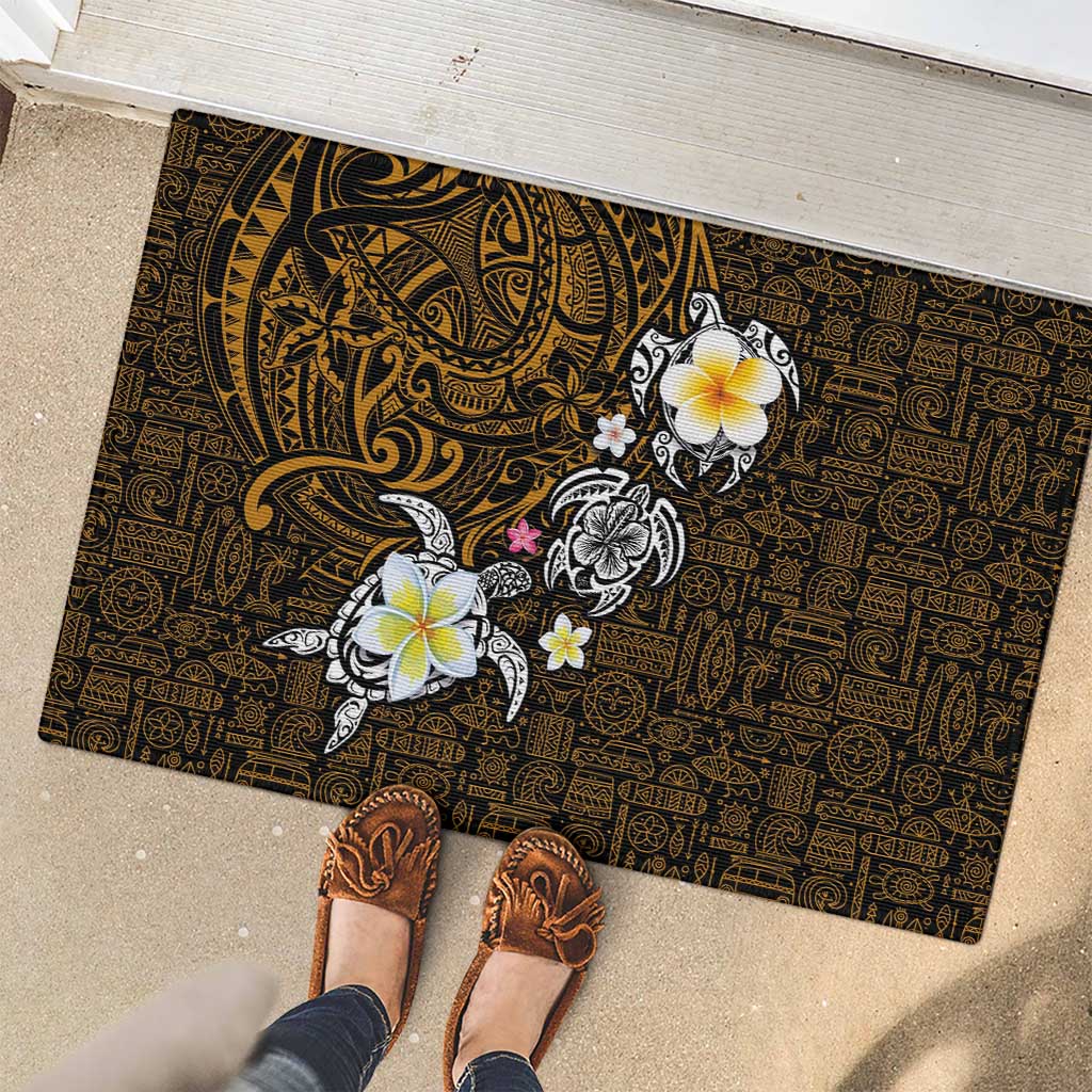 Hawaiian Turtle and Plumeria Rubber Doormat Polynesian Tattoo and Tribal Elements Pattern Orange Color