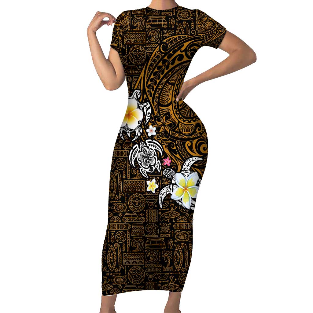 Hawaiian Turtle and Plumeria Short Sleeve Bodycon Dress Polynesian Tattoo and Tribal Elements Pattern Orange Color LT03 Long Dress Orange - Polynesian Pride