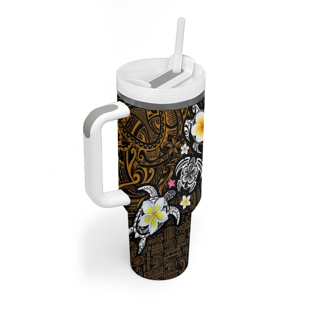Hawaiian Turtle and Plumeria Tumbler With Handle Polynesian Tattoo and Tribal Elements Pattern Orange Color