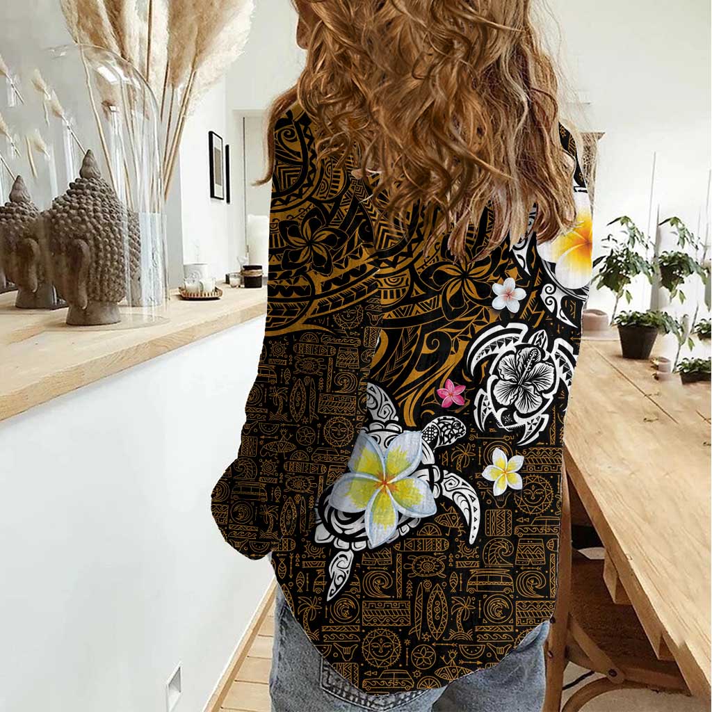 Hawaiian Turtle and Plumeria Women Casual Shirt Polynesian Tattoo and Tribal Elements Pattern Orange Color