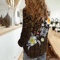 Hawaiian Turtle and Plumeria Women Casual Shirt Polynesian Tattoo and Tribal Elements Pattern Orange Color
