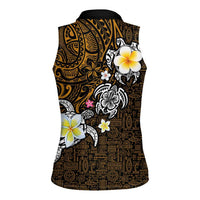 Hawaiian Turtle and Plumeria Women Sleeveless Polo Shirt Polynesian Tattoo and Tribal Elements Pattern Orange Color