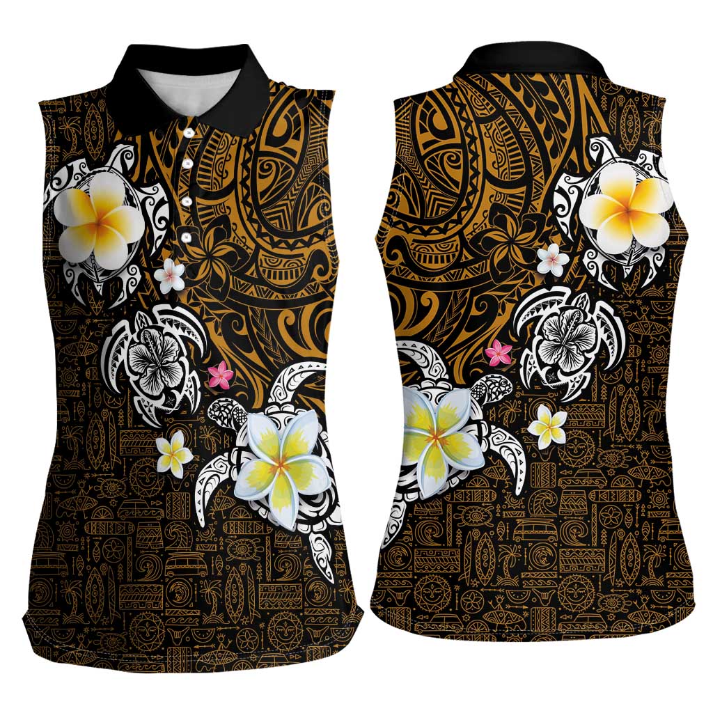 Hawaiian Turtle and Plumeria Women Sleeveless Polo Shirt Polynesian Tattoo and Tribal Elements Pattern Orange Color