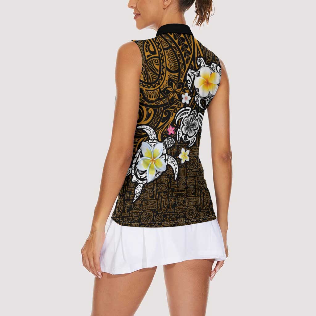 Hawaiian Turtle and Plumeria Women Sleeveless Polo Shirt Polynesian Tattoo and Tribal Elements Pattern Orange Color