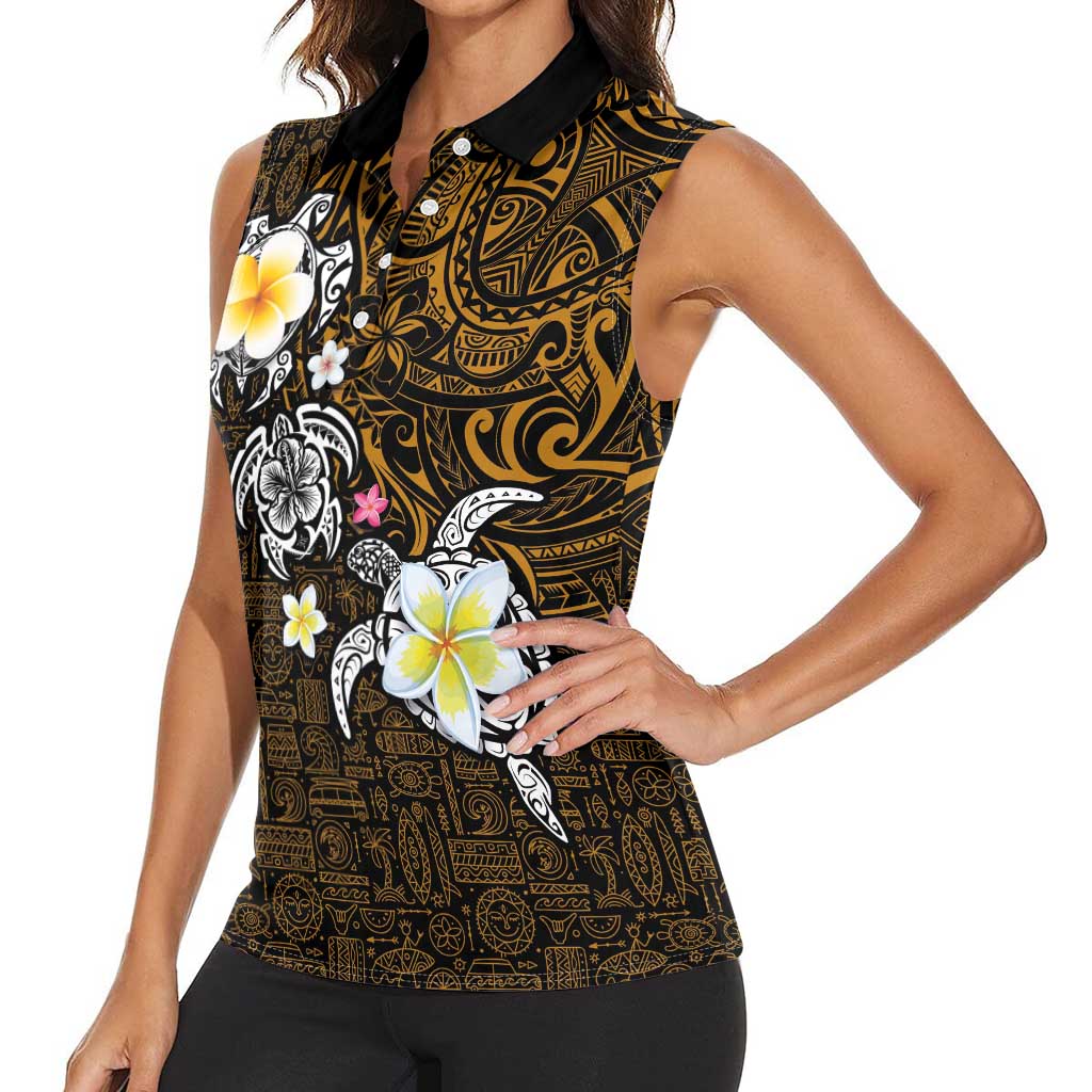 Hawaiian Turtle and Plumeria Women Sleeveless Polo Shirt Polynesian Tattoo and Tribal Elements Pattern Orange Color