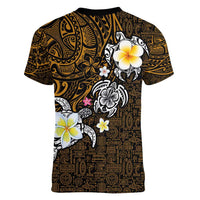 Hawaiian Turtle and Plumeria Women V-Neck T-Shirt Polynesian Tattoo and Tribal Elements Pattern Orange Color