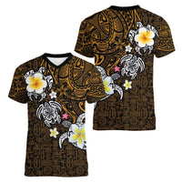 Hawaiian Turtle and Plumeria Women V-Neck T-Shirt Polynesian Tattoo and Tribal Elements Pattern Orange Color
