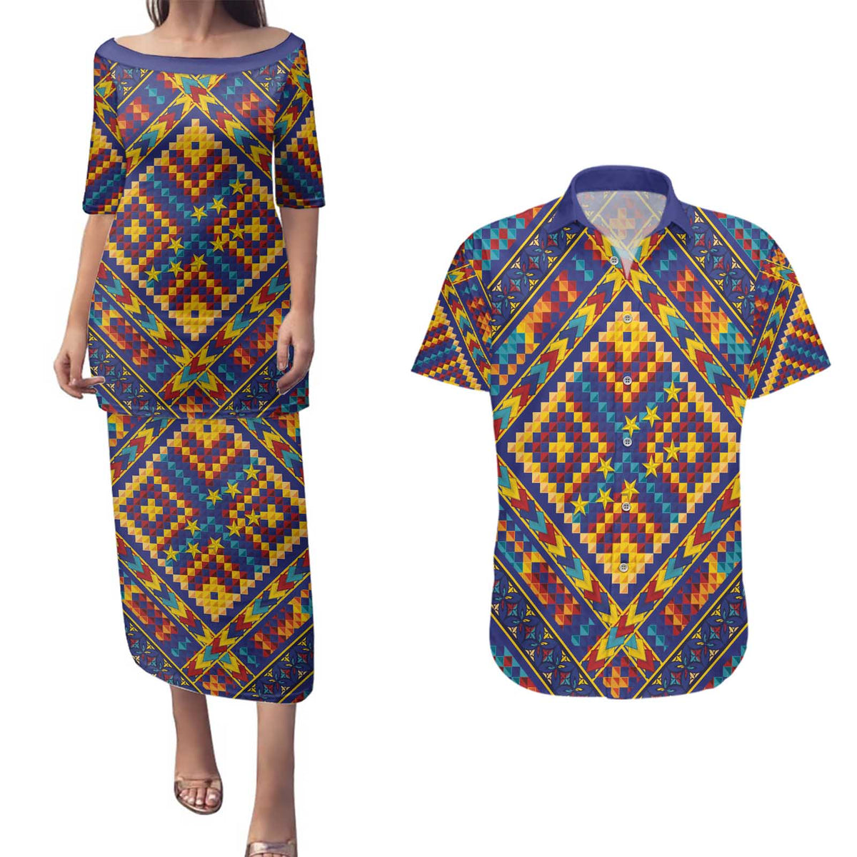 Kolose-Tuvalu Crochet Couples Matching Puletasi and Hawaiian Shirt with Polynesian and Pacific Tattoos - Polynesian Pride
